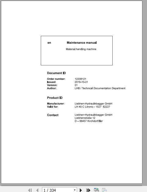 Liebherr Material Handling Machine LH40 C Maintenance Manual