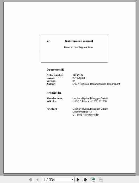 Liebherr Material Handling Machine LH50 C Maintenance Manual