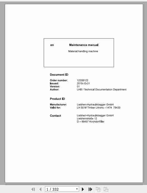 Liebherr Material Handling Machine LH50 M Timber Maintenance Manual