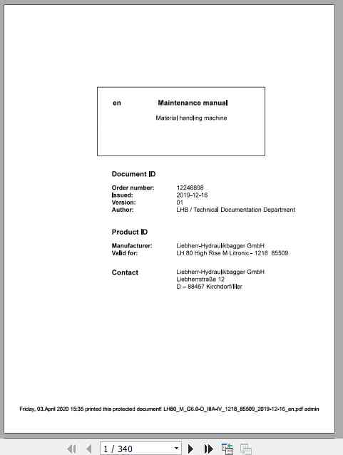 Liebherr Material Handling Machine LH80 M Maintenance Manual