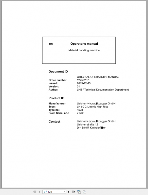 Liebherr Material Handling Machine LH 60C Litronic High Rise en Operator Manuals