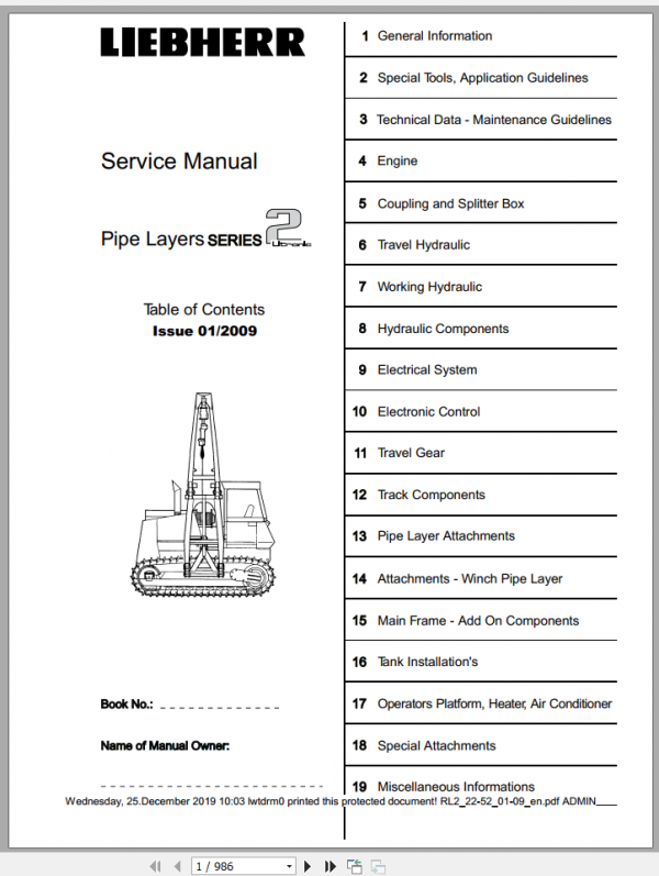 Liebherr Pipe Layer RL2 22 52 Service Manual 1
