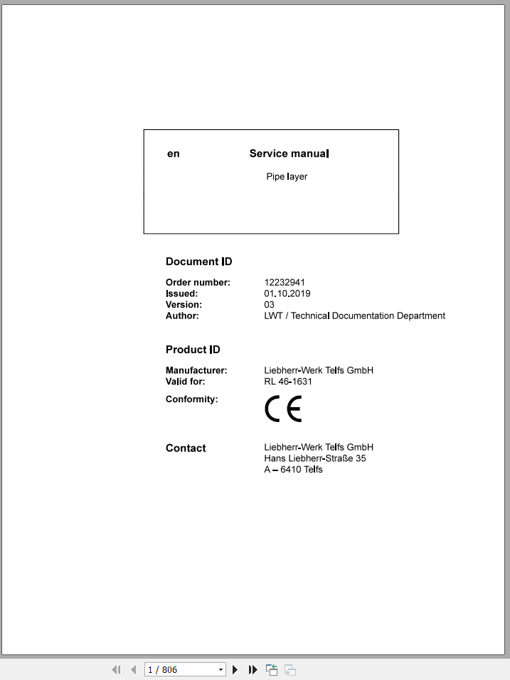Liebherr Pipe Layer RL46 1631 15374 Service Manual 1