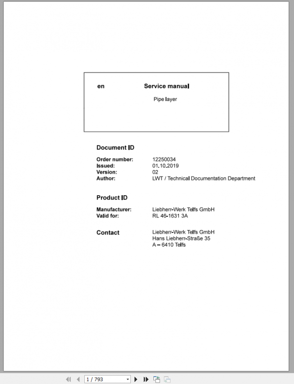 Liebherr Pipe Layer RL46 1631 Service Manual