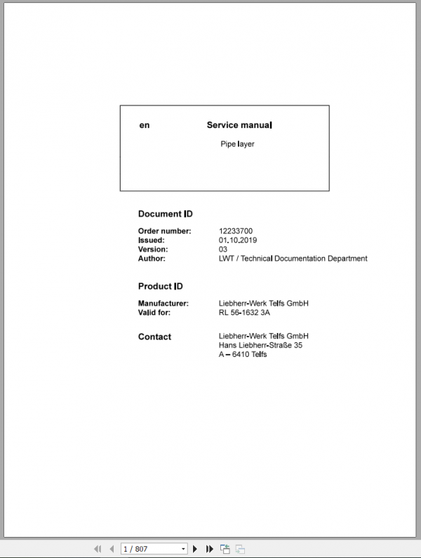 Liebherr Pipe Layer RL56 1632 3A Service Manual 1