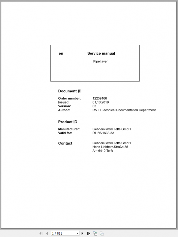 Liebherr Pipe Layer RL66 1633 16056 Service Manual 1