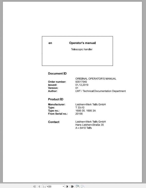 Liebherr Telescopic Handler T33 10 20156 Operator Manual 1