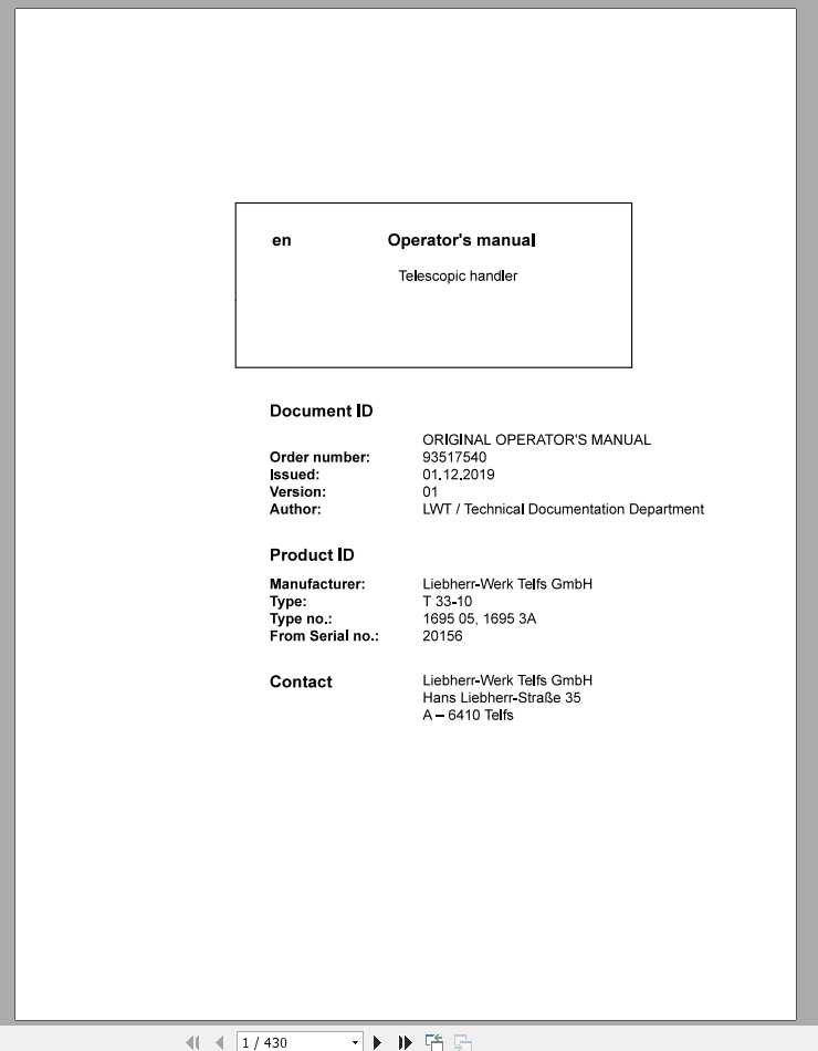 Liebherr Telescopic Handler T33 10 20156 Operator Manual 1