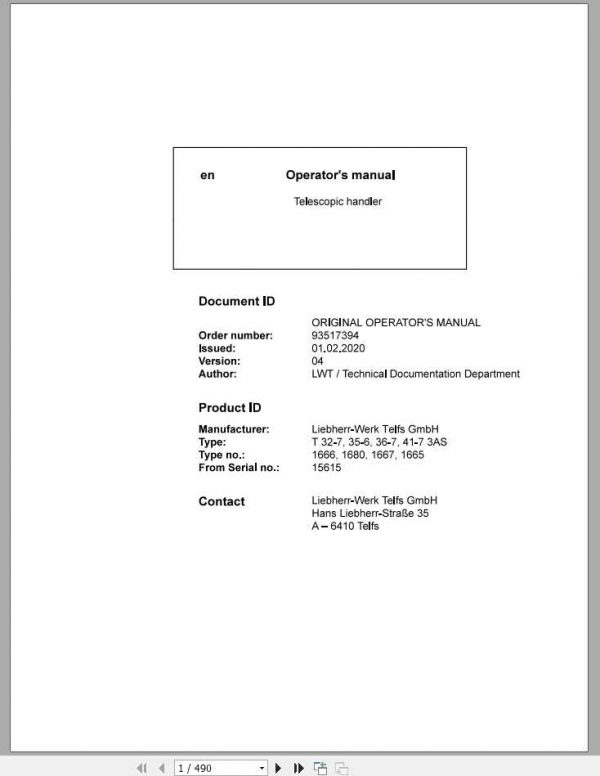 Liebherr Telescopic Handler T35 6 20T32 7 20T36 7 20T41 7 3AS 15615 Service Manual 1