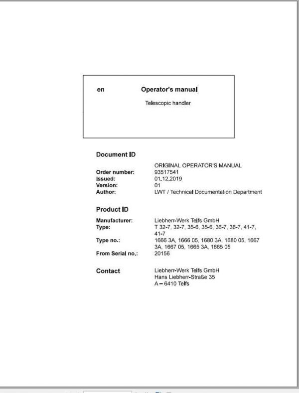 Liebherr Telescopic Handler T35 6 20T32 7 20T36 7 20T41 7 3A 05 20156 Operator Manual