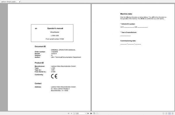 Liebherr Wheel Loader L506 1258 SN 37499 Operators Manual 1