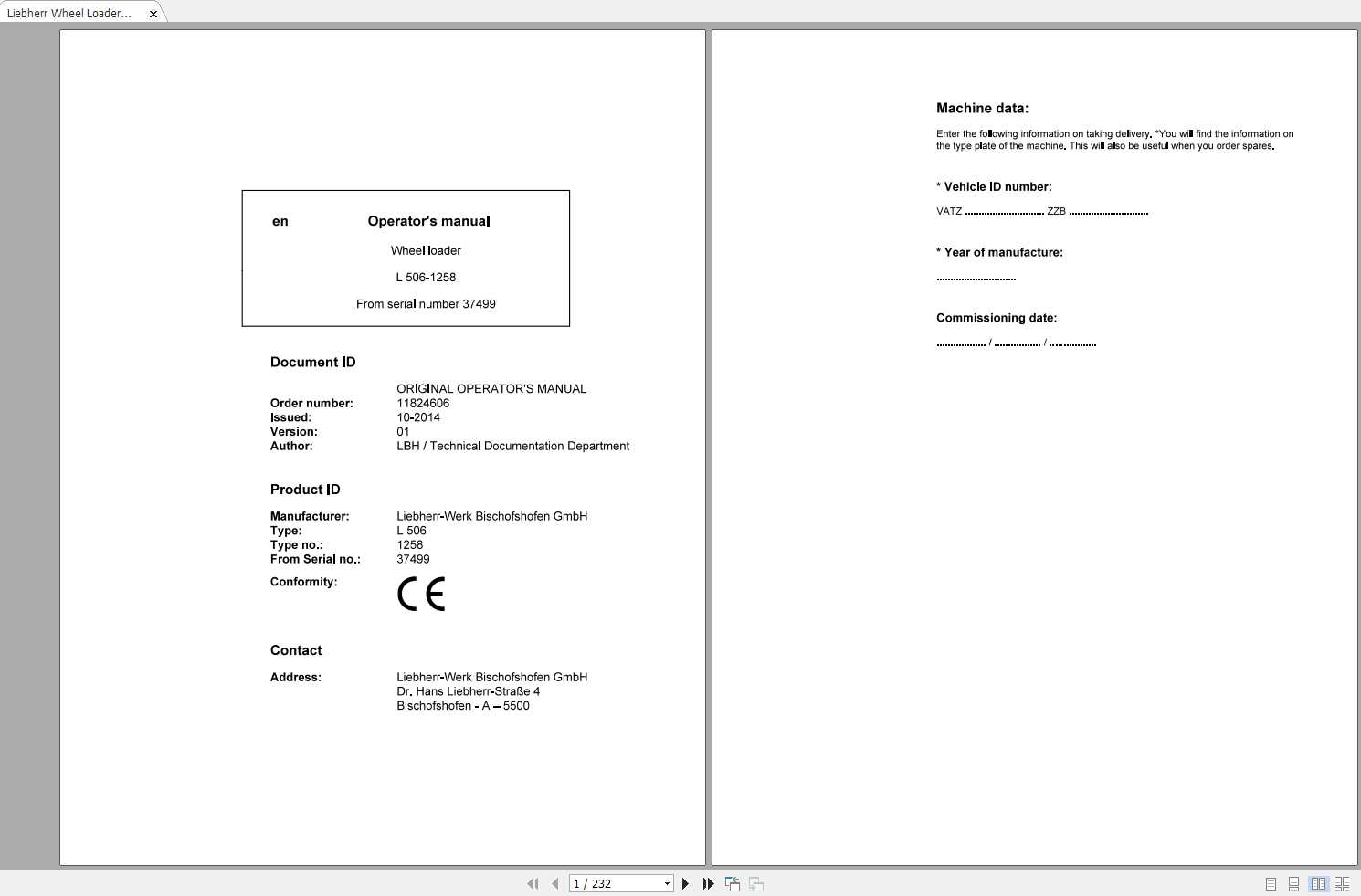 Liebherr Wheel Loader L506 1258 SN 37499 Operators Manual 1