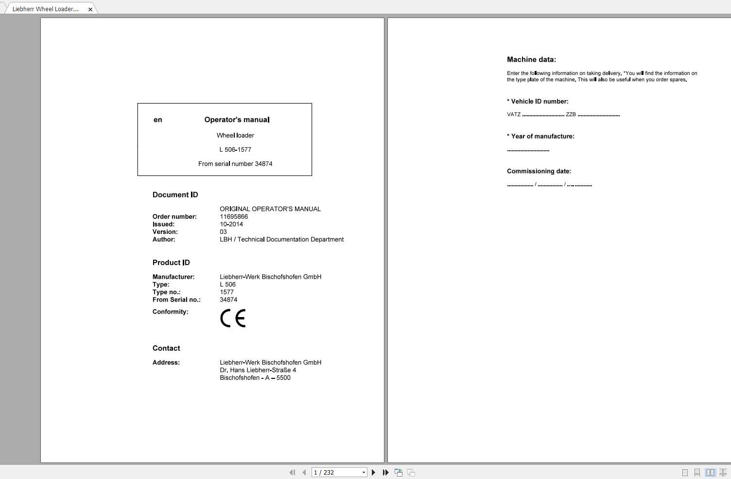 Liebherr Wheel Loader L506 1577 SN 34874 Operators Manual 1