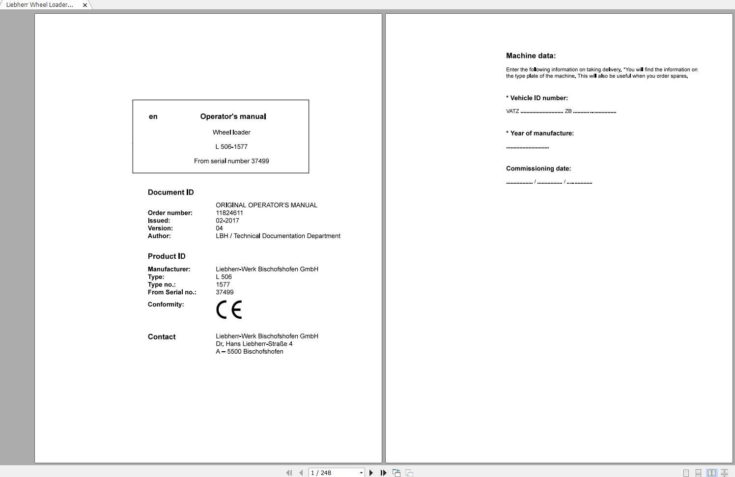 Liebherr Wheel Loader L506 1577 SN 37499 Operators Manual 1