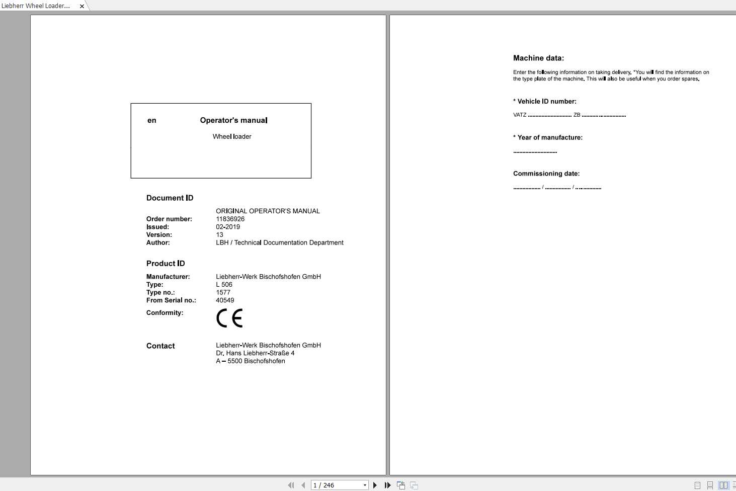 Liebherr Wheel Loader L506 1577 SN 40549 Operators Manual 1