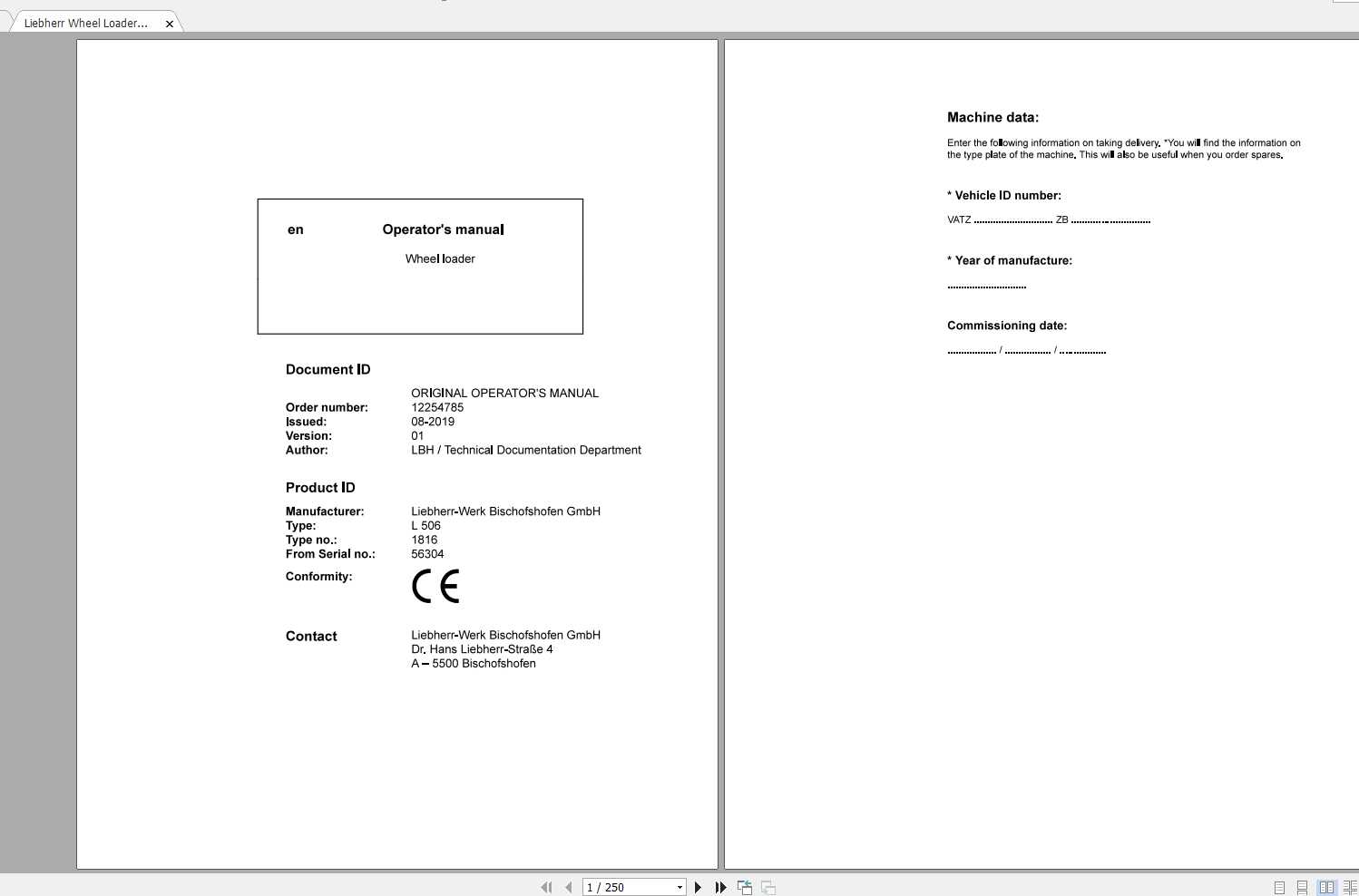 Liebherr Wheel Loader L506 1816 SN 56304 Operators Manual 1