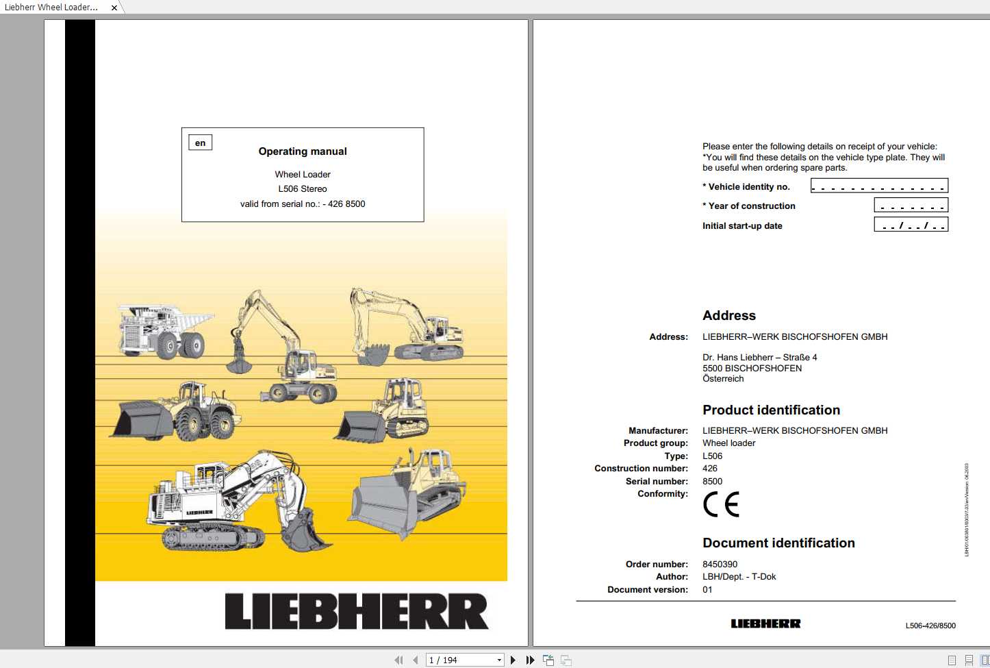 Liebherr Wheel Loader L506 4068500 Stereo 8450390 Operating Manuals 1