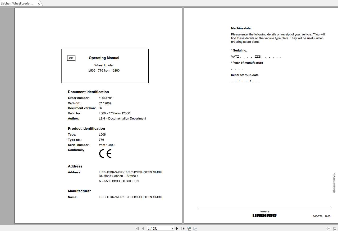 Liebherr Wheel Loader L506 776 from 12800 Operating Manual 1
