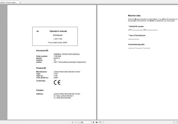 Liebherr Wheel Loader L507 1109 SN 26361 Operators Manual 1