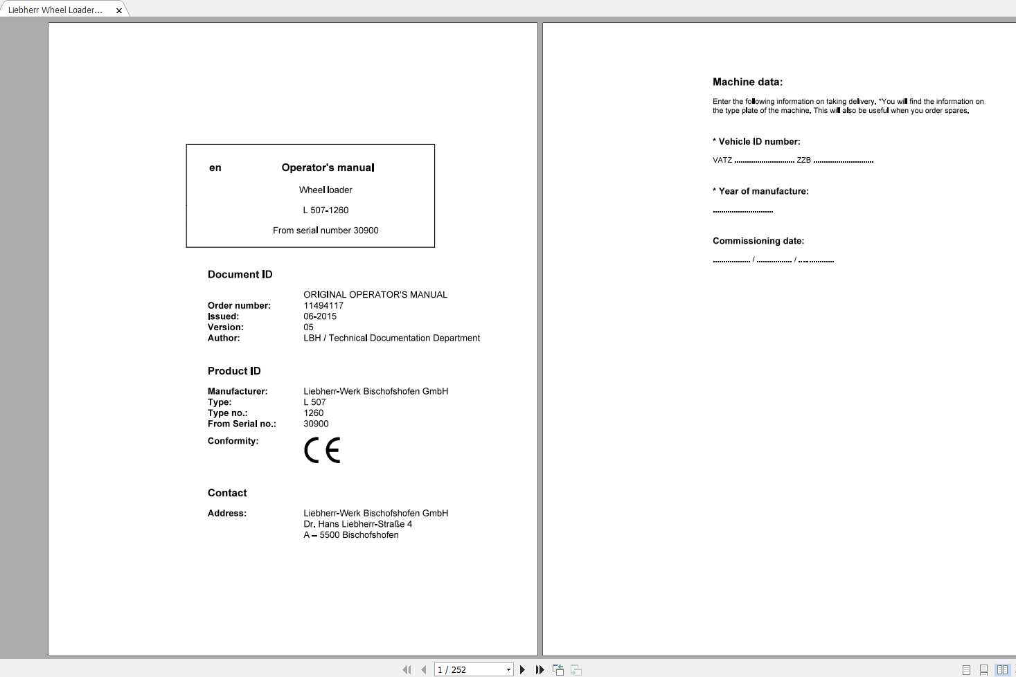 Liebherr Wheel Loader L507 1260 SN 30900 Operators Manual 1
