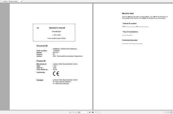 Liebherr Wheel Loader L507 1260 SN 40532 Operators Manual 1