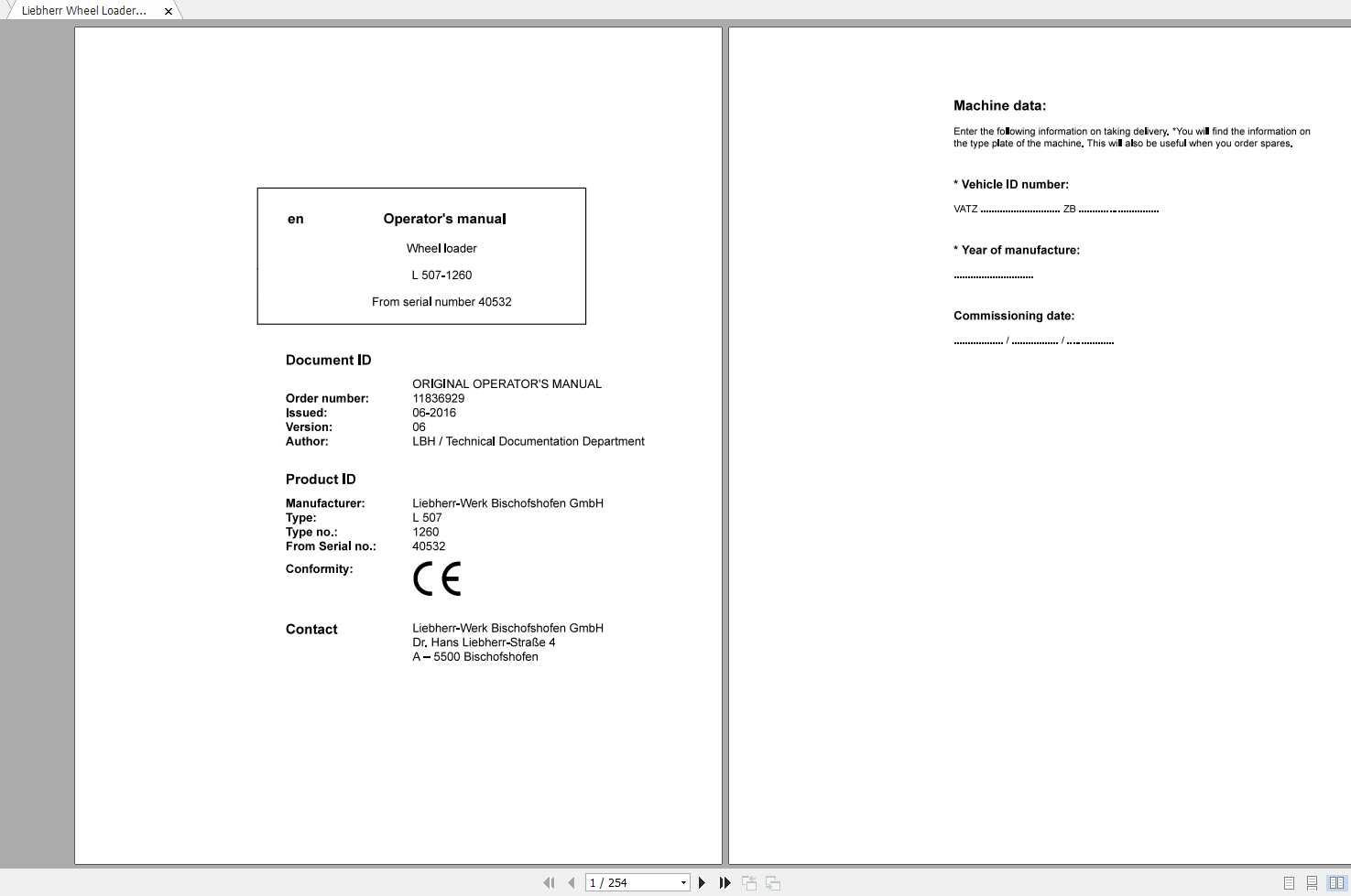 Liebherr Wheel Loader L507 1260 SN 40532 Operators Manual 1