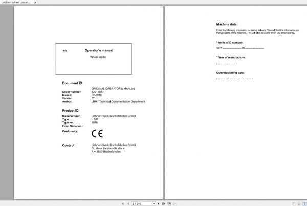 Liebherr Wheel Loader L507 1578 SN 43578 Operators Manual 1