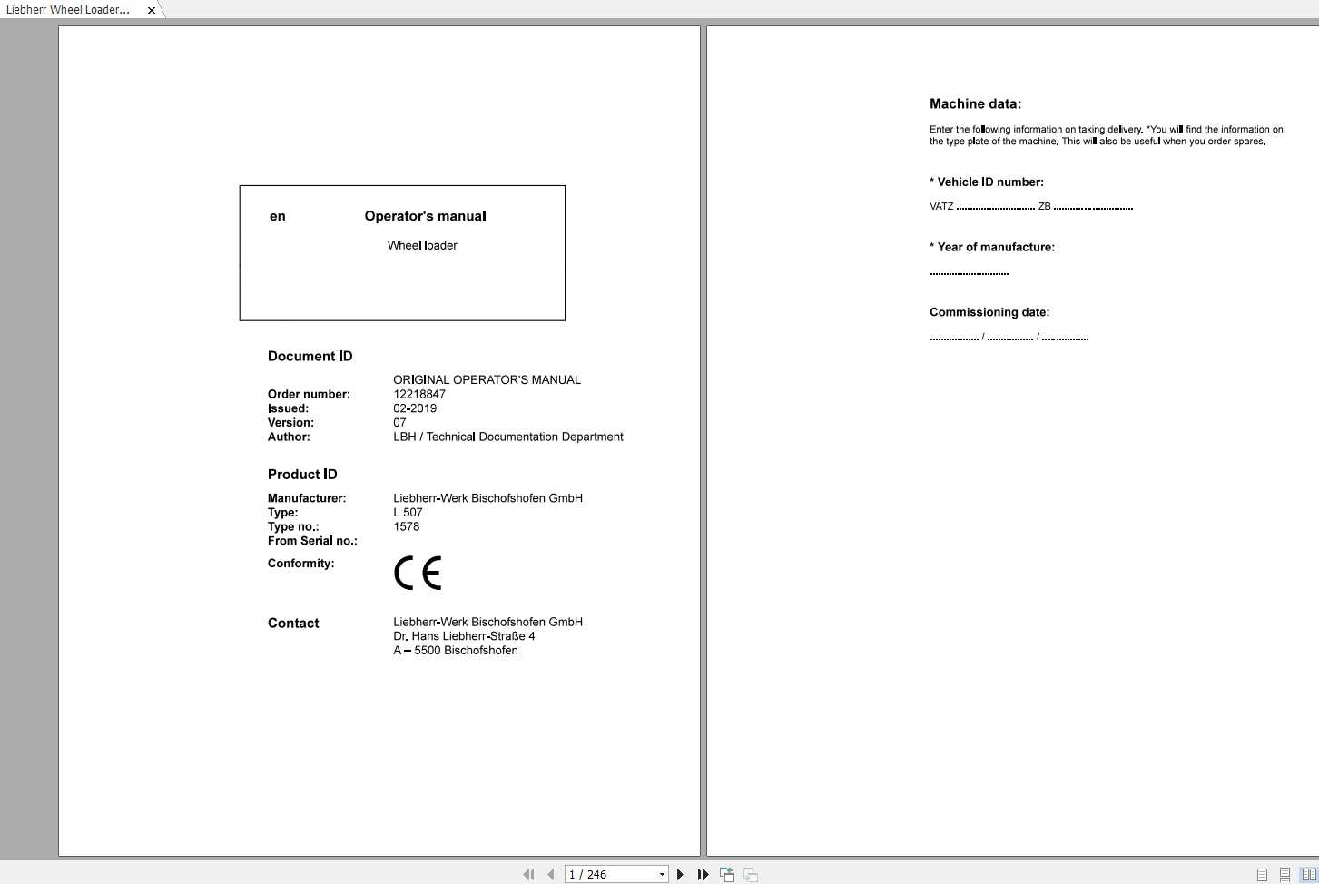 Liebherr Wheel Loader L507 1578 SN 43578 Operators Manual 1