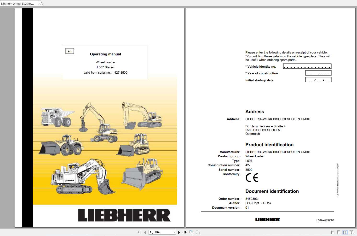 Liebherr Wheel Loader L507 427 Stereo SN 8500 Operating Manual 1