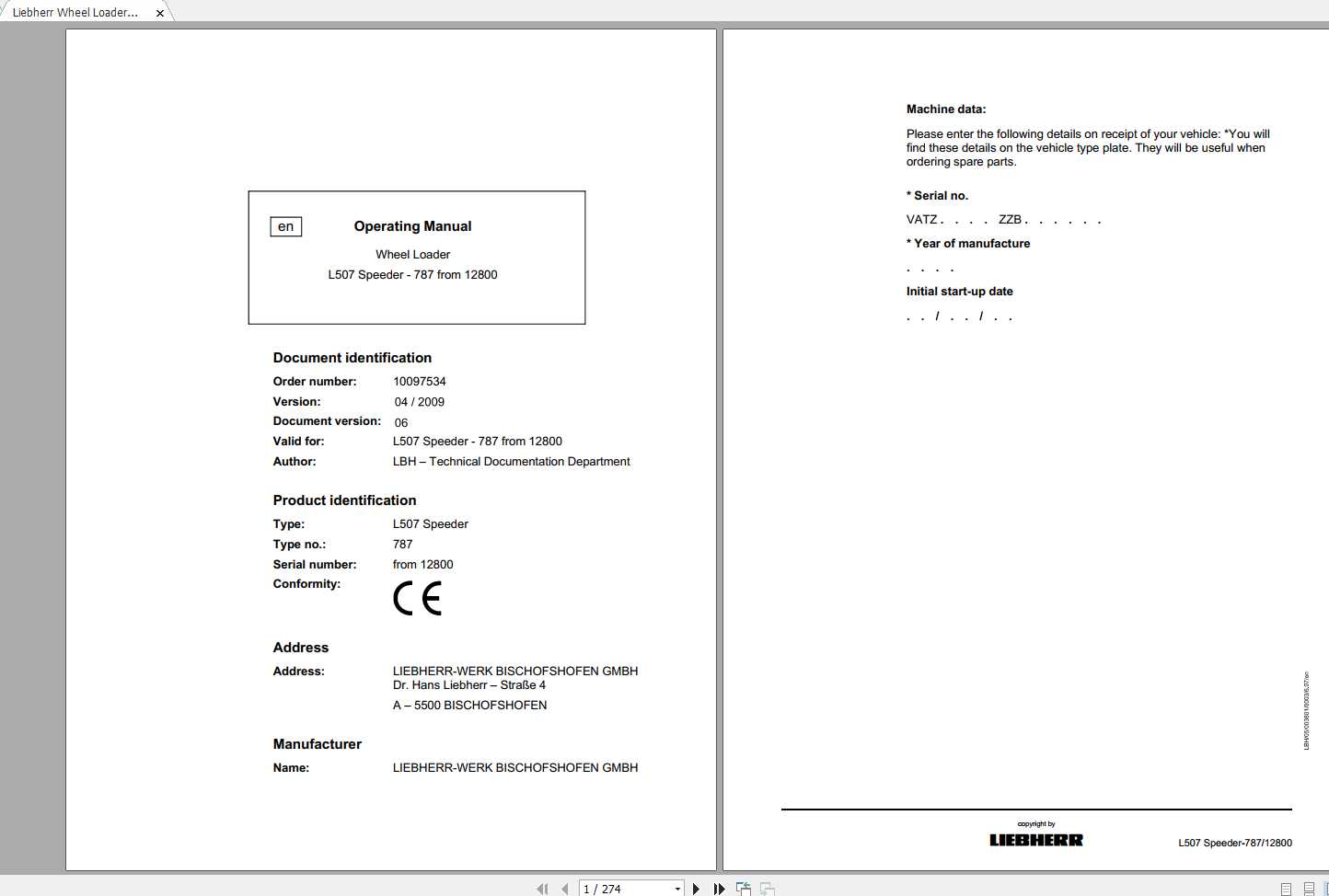 Liebherr Wheel Loader L507 787 Speeder SN 12800 Operating Manual 1
