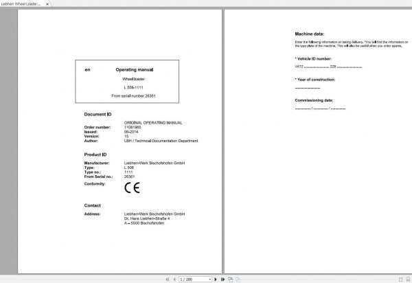 Liebherr Wheel Loader L508 1111 SN 26361 Operating Manual 1