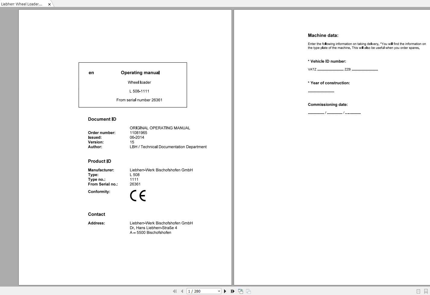 Liebherr Wheel Loader L508 1111 SN 26361 Operating Manual 1
