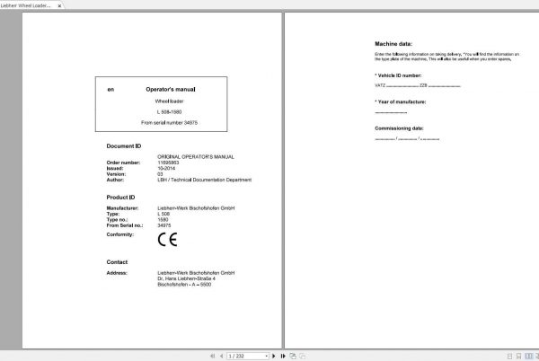 Liebherr Wheel Loader L508 1580 SN 34975 Operators Manual 1