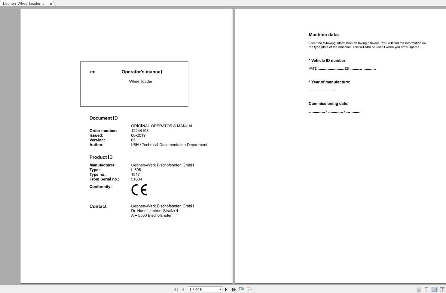 Liebherr Wheel Loader L508 1817 SN 51604 Operators Manual 1