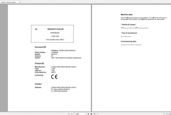 Liebherr Wheel Loader L509 1262 SN 34873 Operators Manual 1