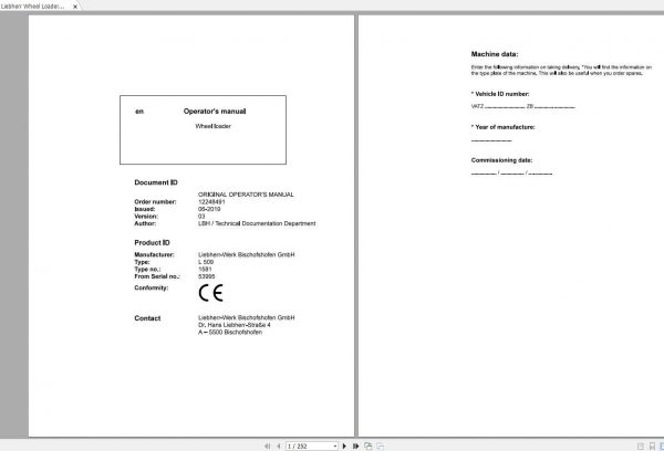 Liebherr Wheel Loader L509 1571 SN 53995 Operators Manual 1