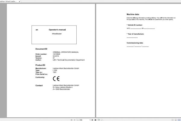 Liebherr Wheel Loader L509 1581 SN 45271 Operators Manual 1