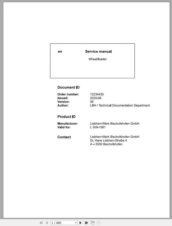 Liebherr Wheel Loader L509 1581 Service Manual