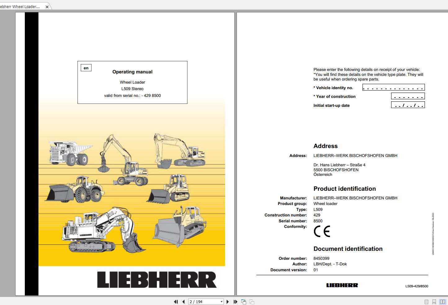 Liebherr Wheel Loader L509 429 SN 8500 Operators Manual 1