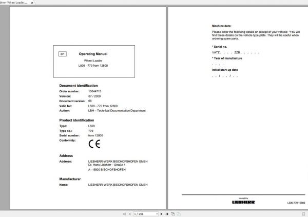 Liebherr Wheel Loader L509 779 SN 12800 Operators Manual 1