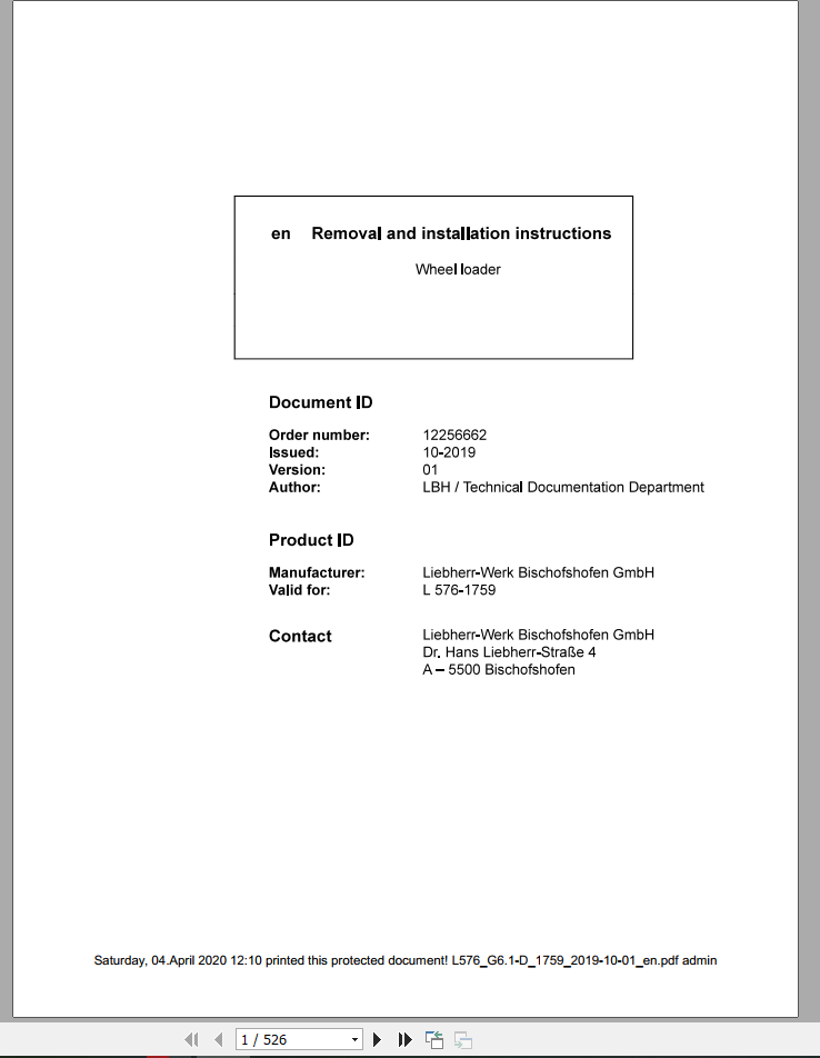 Liebherr Wheel Loader L576 G61 D 1759 Removal Installation Instructions 1