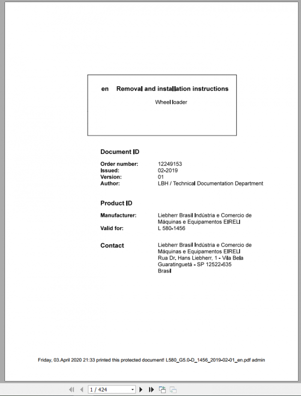 Liebherr Wheel Loader L580 G50 D 1456 Removal Installation Instructions 1