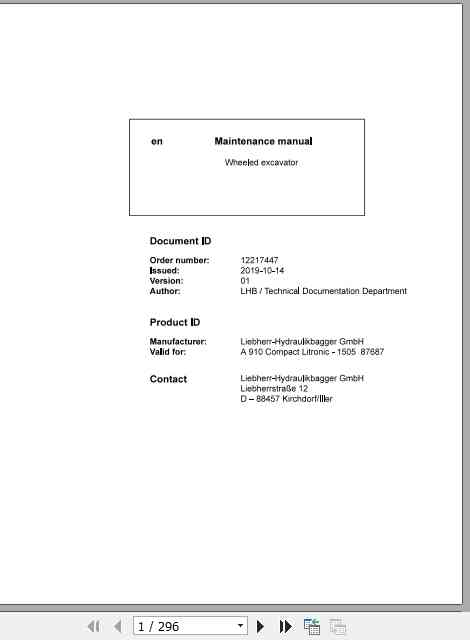 Liebherr Wheeled Excavator A910 Compact Maintenance Manual 3