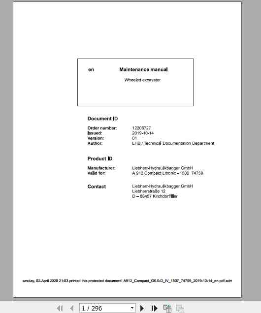 Liebherr Wheeled Excavator A912 Compact Maintenance Manual