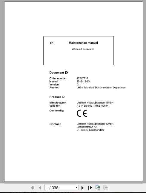 Liebherr Wheeled Excavator A914 LI Maintenance Manual