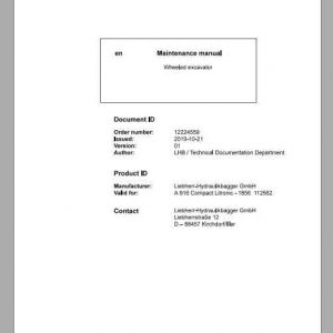 Liebherr Wheeled Excavator A916 Compact Maintenance Manual