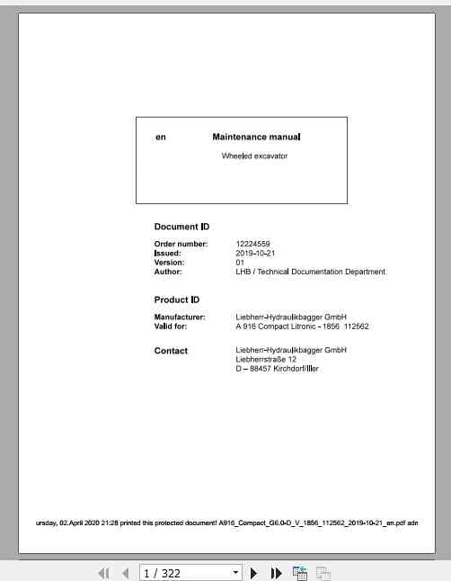 Liebherr Wheeled Excavator A916 Compact Maintenance Manual