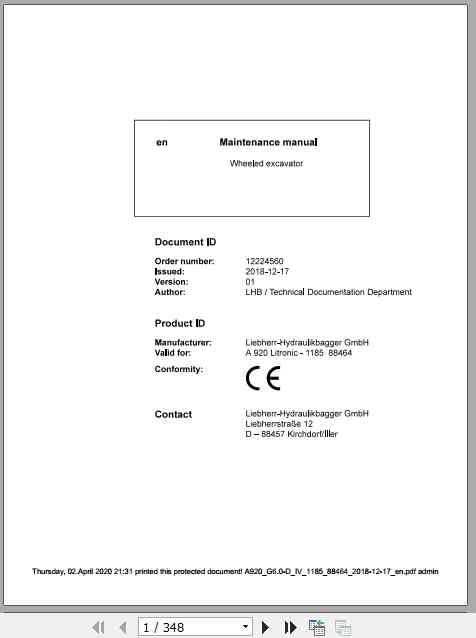 Liebherr Wheeled Excavator A920 LI Maintenance Manual
