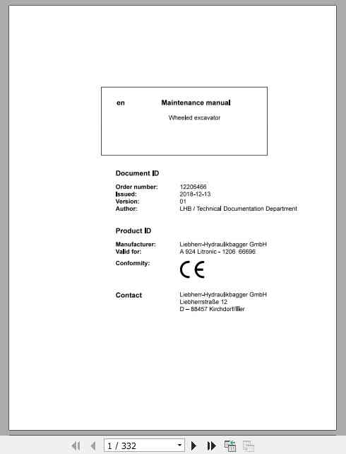 Liebherr Wheeled Excavator A924 LI Maintenance Manual