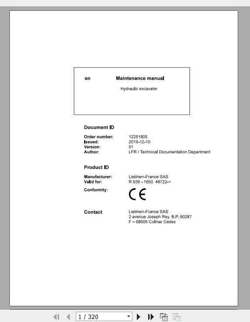 Liebherr Wheeled Excavator R938 Maintenance Manual